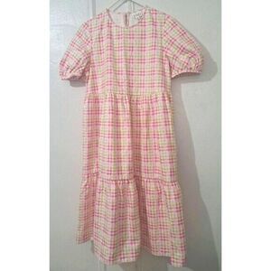 Casey Marks Usa Womens Medium Midi Tiered Puff Sleeve dress Pink Green Babydoll